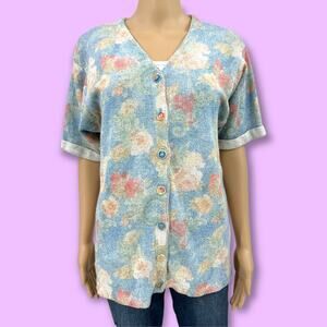 Vintage 90s Pastel Blue Floral Knit Cardigan Short Sleeve Button Up Womens Med
